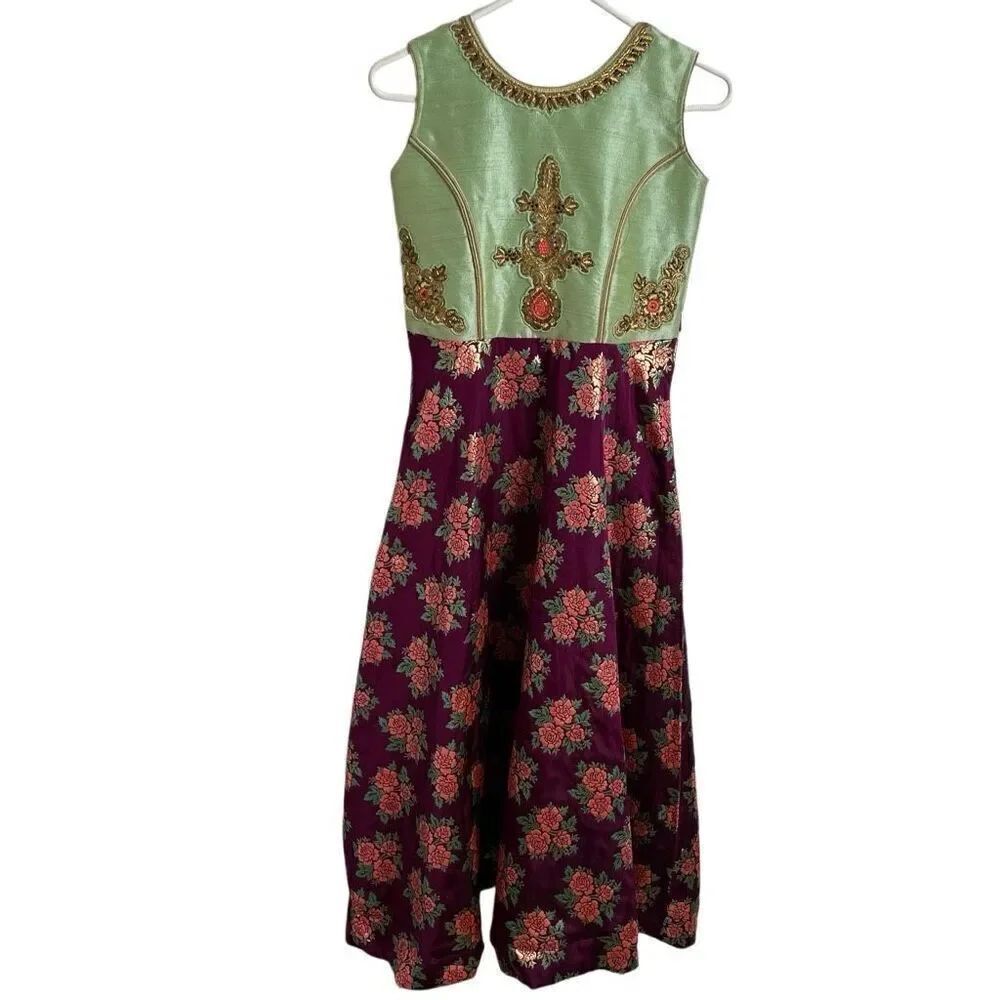 Womens Kanchipuram Silk Gown 38 Green Purple Brocade Sleeve Crinoline Formal